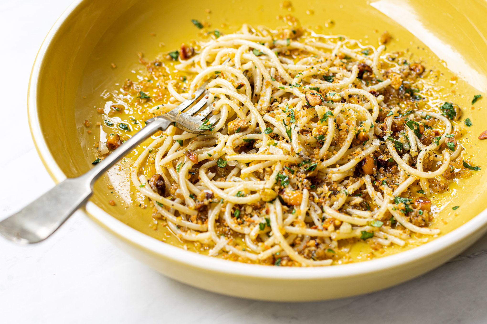 Parmesan Spaghetti with Pistachio and Parsley Pangrattato – My Family ...